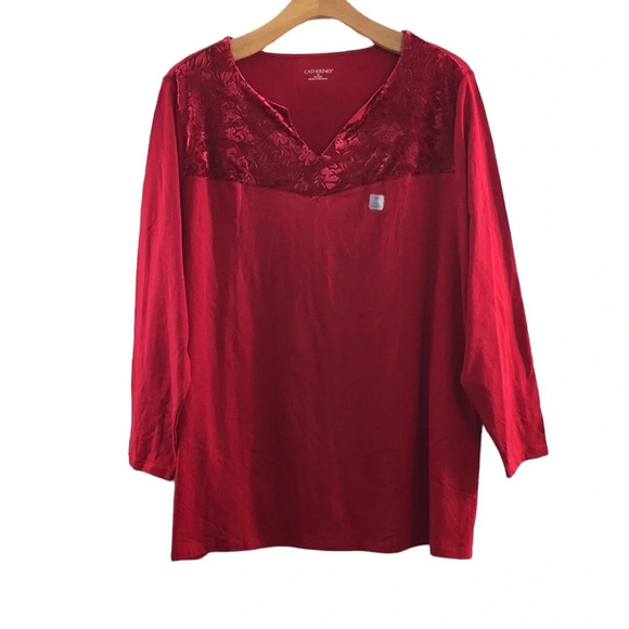 Catherines Red Popover Velveteen Cotton‎ Blouse Womens 2X 22/24W Long Sleeve - Picture 1 of 14